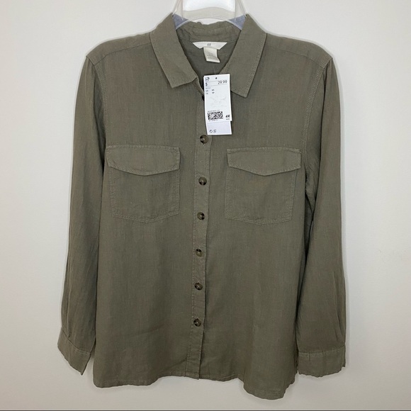 H&M Women’s Light Olive Green Collared Button Down Long Sleeve Shirt Size XS NWT - Picture 2 of 12